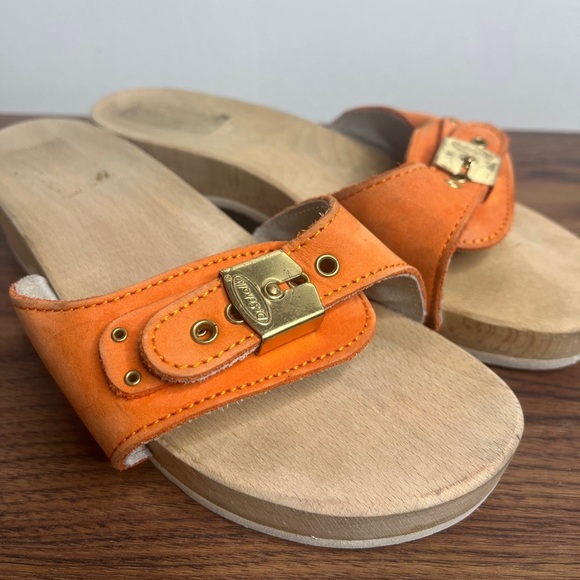 VTG Dr. Scholl’s The Original Wood Sole Sz 6 Orange Sandals Y2K Made in Italy - Picture 10 of 14